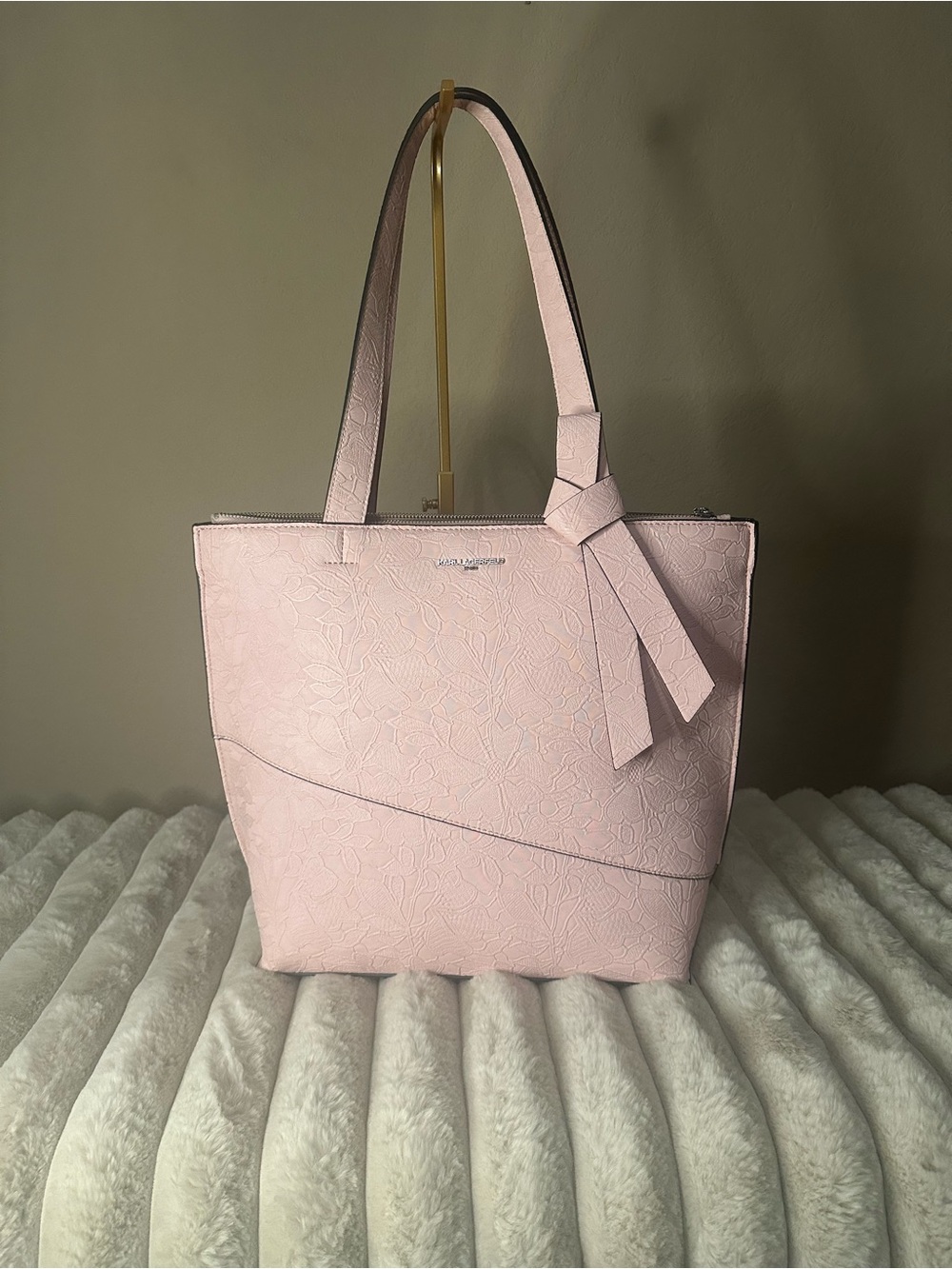 Karl Lagerfeld Paris Chantelle Tote Pink Floral Embossed Lace Bag